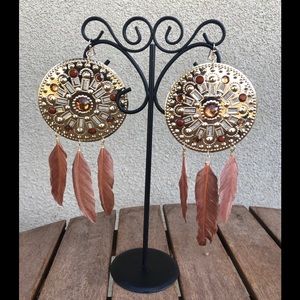 Boho Gold Jeweled Feather Earrings